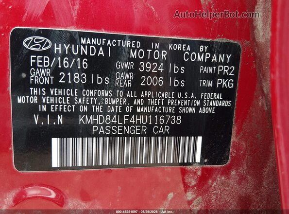 KMHD84LF4HU116738 2017 HYUNDAI ELANTRA Red Engine compartment view