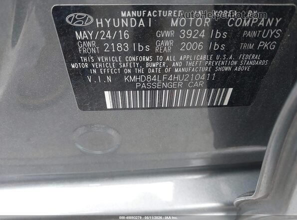 KMHD84LF4HU210411 2017 HYUNDAI ELANTRA Gray ძრავის განყოფილების ხედი