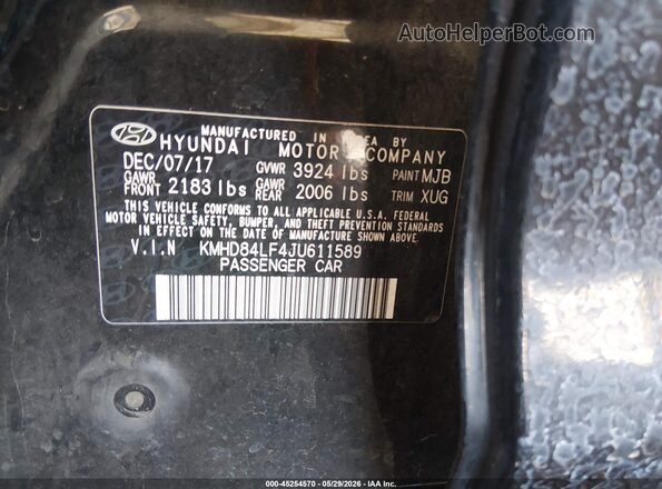 KMHD84LF4JU611589 2018 HYUNDAI ELANTRA Black ძრავის განყოფილების ხედი