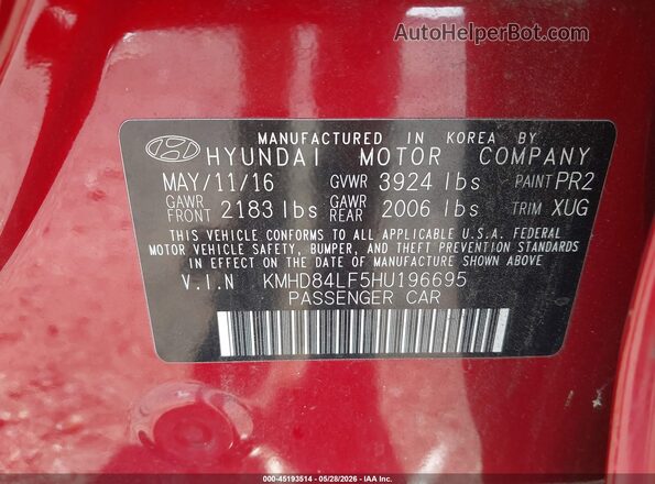 KMHD84LF5HU196695 2017 HYUNDAI ELANTRA Red Widok komory silnika