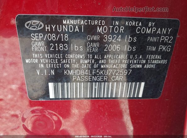 KMHD84LF5KU772597 2019 HYUNDAI ELANTRA Red Вид підкапотного простору
