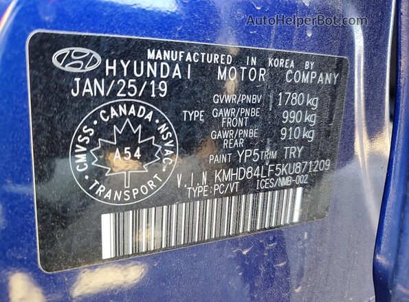 KMHD84LF5KU871209 2019 HYUNDAI ELANTRA Синий Вид подкапотного пространства