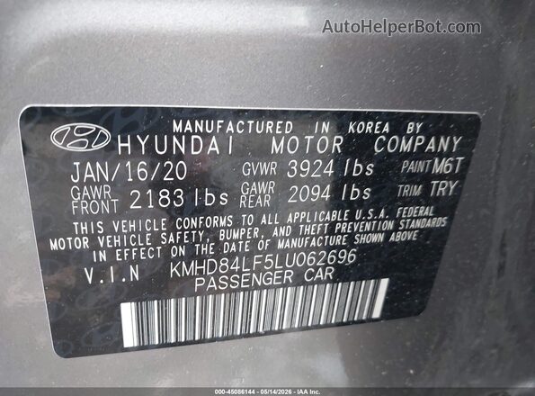 KMHD84LF5LU062696 2020 HYUNDAI ELANTRA Gray Vista del compartimento del motor
