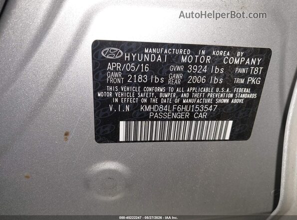 KMHD84LF6HU153547 2017 HYUNDAI ELANTRA Silver Vista del compartimento del motor