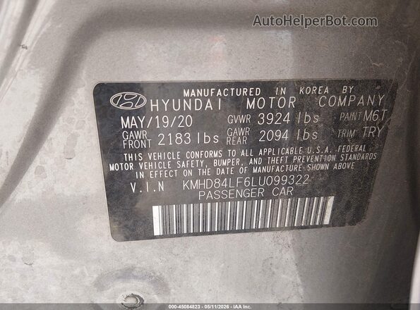 KMHD84LF6LU099322 2020 HYUNDAI ELANTRA Silver 