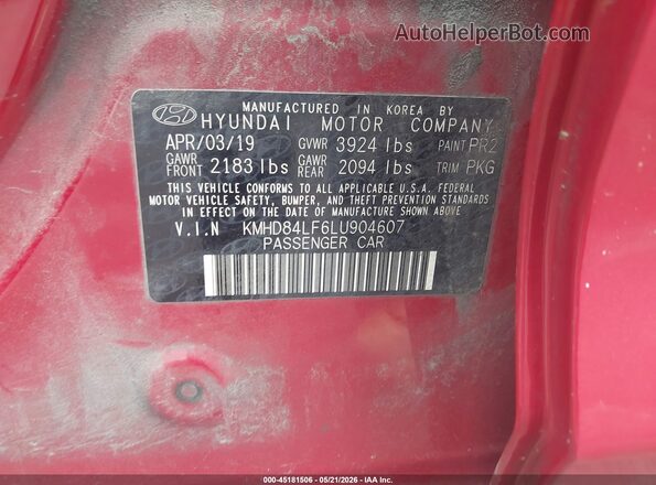 KMHD84LF6LU904607 2020 HYUNDAI ELANTRA Red Engine compartment view