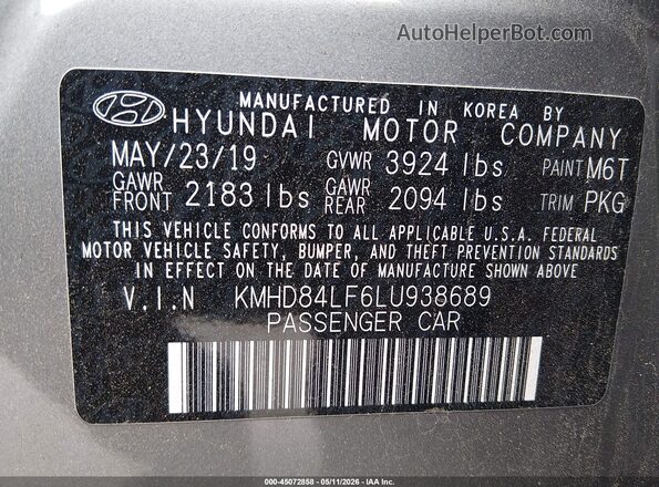 KMHD84LF6LU938689 2020 HYUNDAI ELANTRA Gray Widok komory silnika