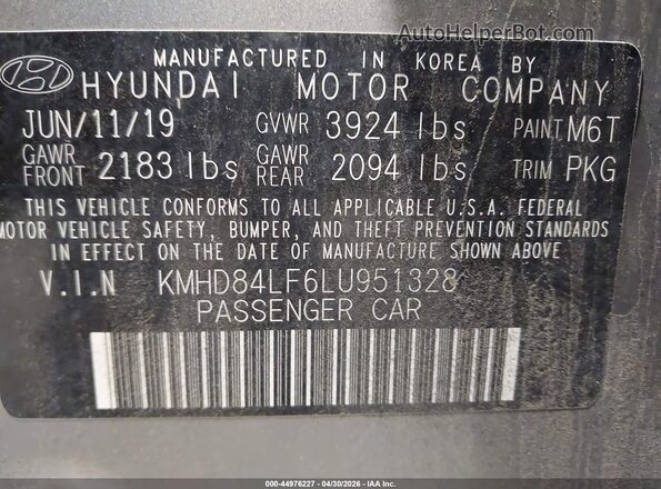 KMHD84LF6LU951328 2020 HYUNDAI ELANTRA Gray Widok komory silnika