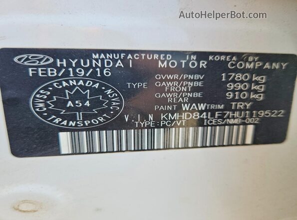 KMHD84LF7HU119522 2017 HYUNDAI ELANTRA White 