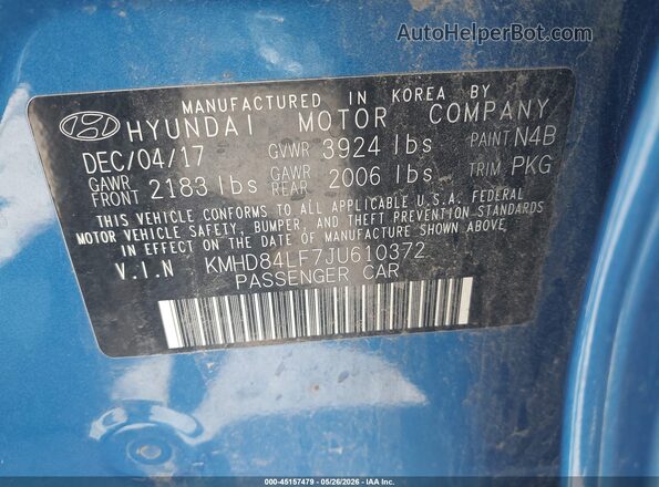 KMHD84LF7JU610372 2018 HYUNDAI ELANTRA Blue Widok komory silnika