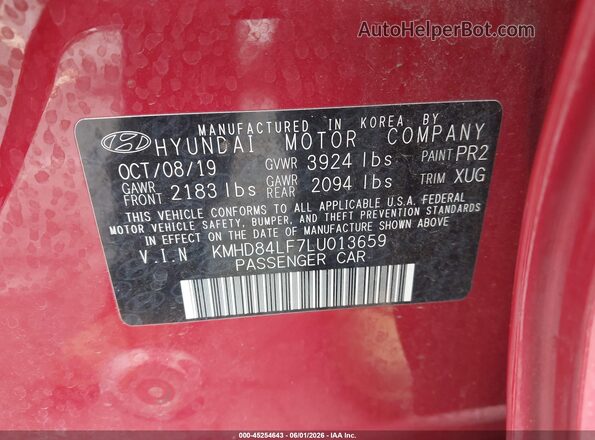 KMHD84LF7LU013659 2020 HYUNDAI ELANTRA Red Vista del compartimento del motor