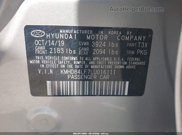 KMHD84LF7LU016111 2020 HYUNDAI ELANTRA Silver Շարժիչի բաժամունքի տեսք