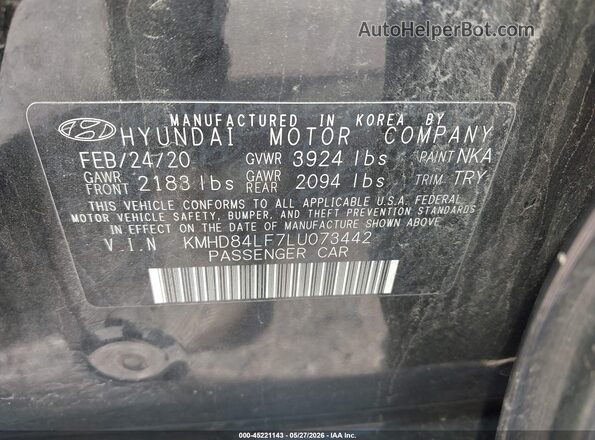 KMHD84LF7LU073442 2020 HYUNDAI ELANTRA Black Engine compartment view