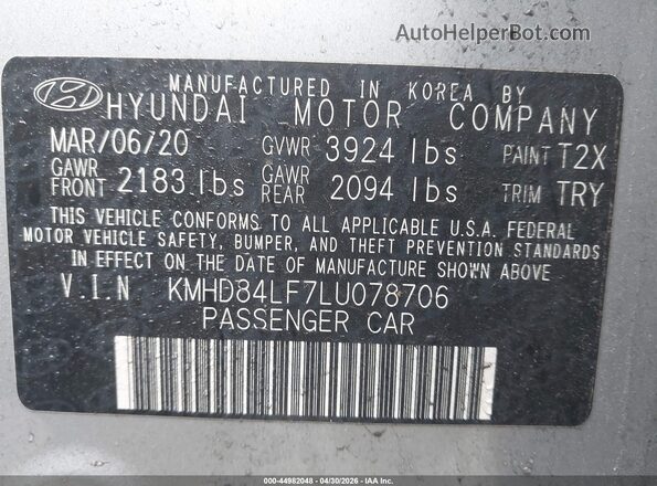 KMHD84LF7LU078706 2020 HYUNDAI ELANTRA Серебряный Вид подкапотного пространства