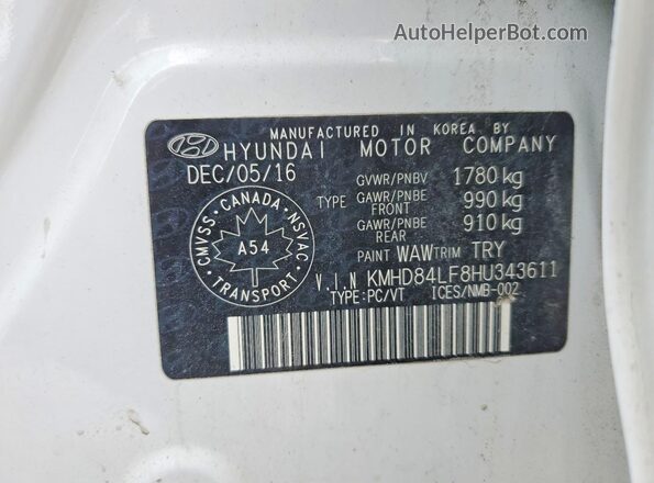 KMHD84LF8HU343611 2017 HYUNDAI ELANTRA White ძრავის განყოფილების ხედი