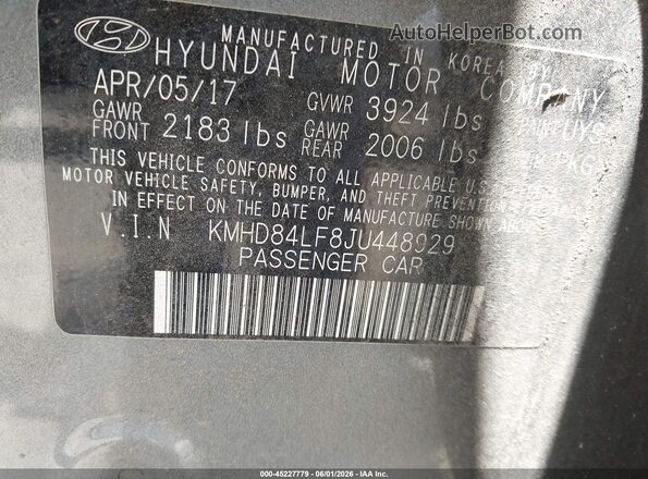 KMHD84LF8JU448929 2018 HYUNDAI ELANTRA Gray Widok komory silnika