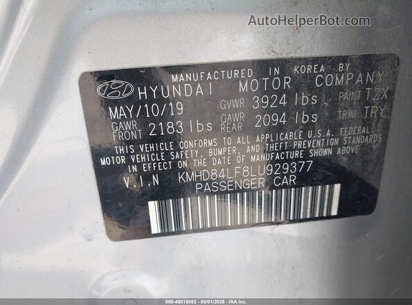 KMHD84LF8LU929377 2020 HYUNDAI ELANTRA Silver Widok komory silnika