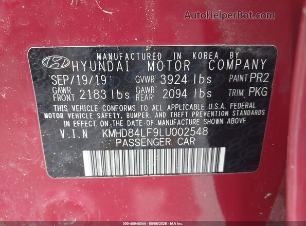 KMHD84LF9LU002548 2020 HYUNDAI ELANTRA Red 