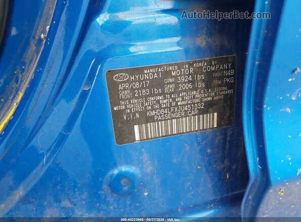 KMHD84LFXJU451332 2018 HYUNDAI ELANTRA Синий Вид подкапотного пространства