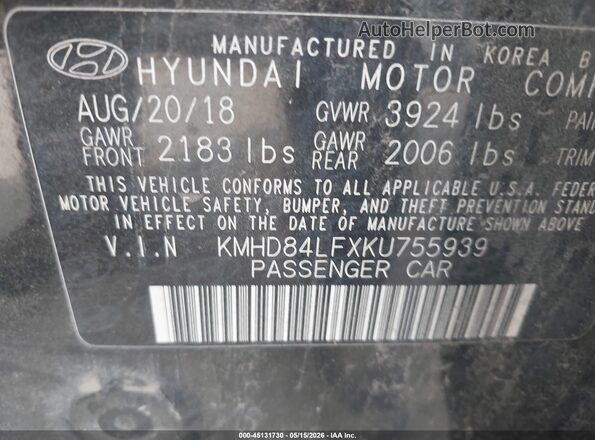 KMHD84LFXKU755939 2019 HYUNDAI ELANTRA Black 