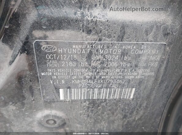 KMHD84LFXKU793462 2019 HYUNDAI ELANTRA Black Widok komory silnika