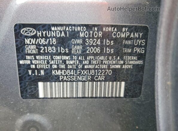 KMHD84LFXKU812270 2019 HYUNDAI ELANTRA Charcoal 