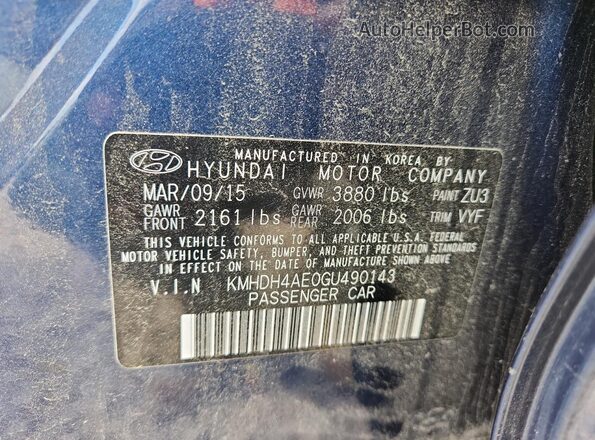 KMHDH4AE0GU490143 2016 HYUNDAI ELANTRA Blue 