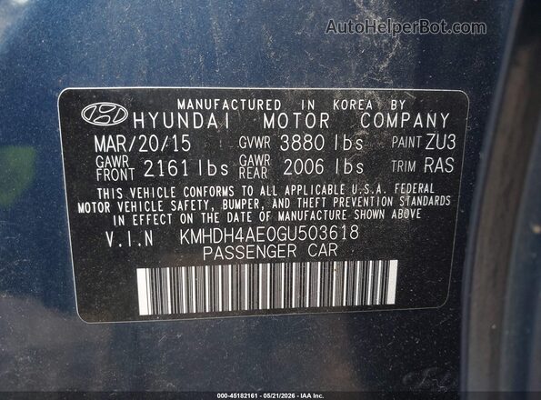 KMHDH4AE0GU503618 2016 HYUNDAI ELANTRA Blue Widok komory silnika