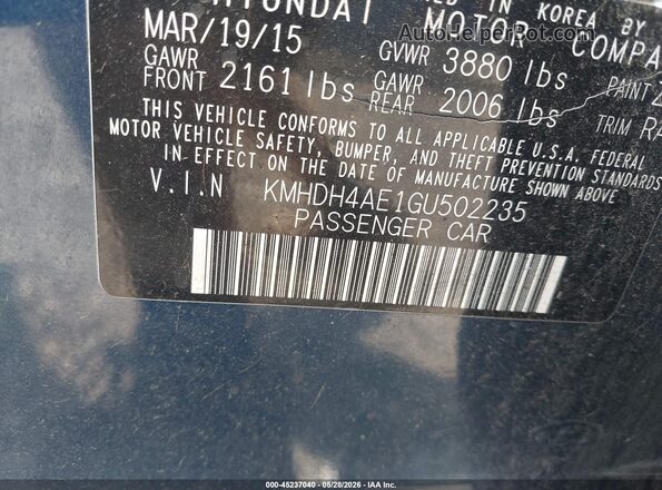 KMHDH4AE1GU502235 2016 HYUNDAI ELANTRA Синий Вид подкапотного пространства