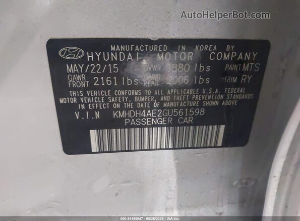 KMHDH4AE2GU561598 2016 HYUNDAI ELANTRA Silver 