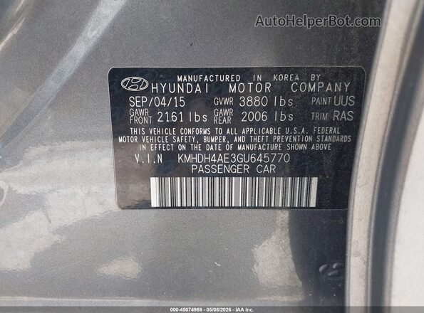 KMHDH4AE3GU645770 2016 HYUNDAI ELANTRA Gray Շարժիչի բաժամունքի տեսք