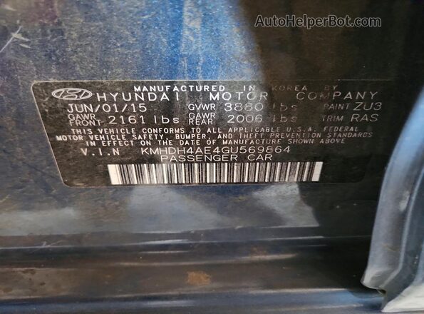 KMHDH4AE4GU569864 2016 HYUNDAI ELANTRA Blue Engine compartment view