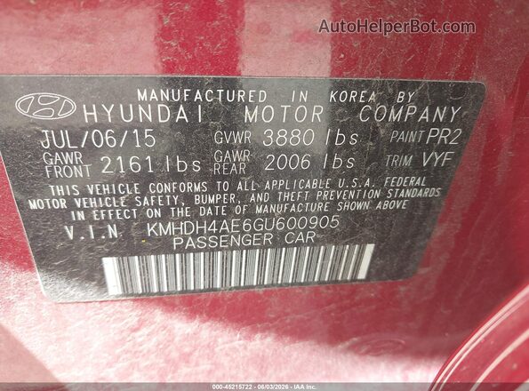 KMHDH4AE6GU600905 2016 HYUNDAI ELANTRA Красный Вид подкапотного пространства