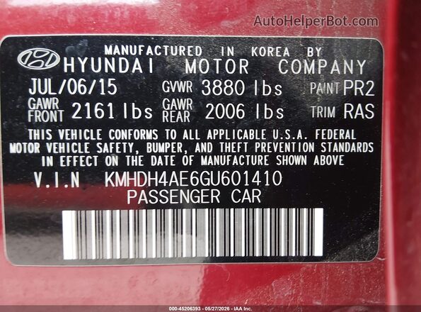 KMHDH4AE6GU601410 2016 HYUNDAI ELANTRA Burgundy Engine compartment view