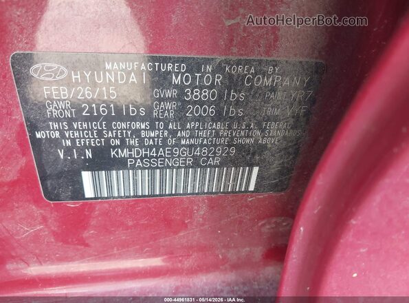 KMHDH4AE9GU482929 2016 HYUNDAI ELANTRA Red Вид підкапотного простору
