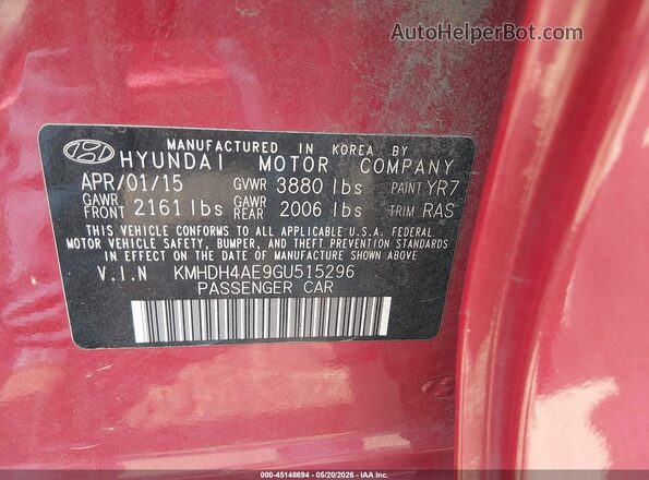 KMHDH4AE9GU515296 2016 HYUNDAI ELANTRA Red ძრავის განყოფილების ხედი