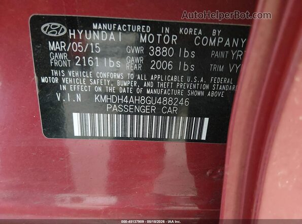 KMHDH4AH8GU488246 2016 HYUNDAI ELANTRA Red Vista del compartimento del motor