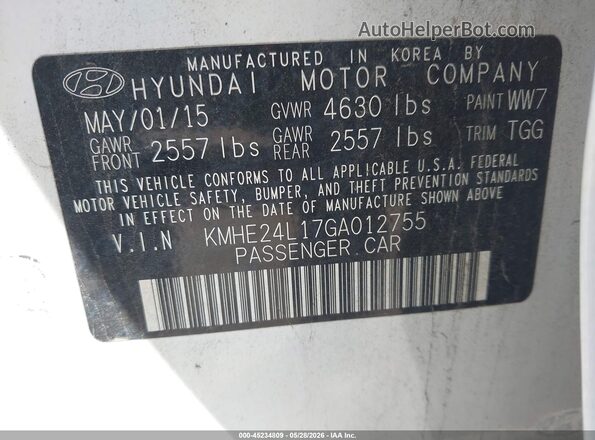KMHE24L17GA012755 2016 HYUNDAI SONATA HYBRID Белый Вид подкапотного пространства