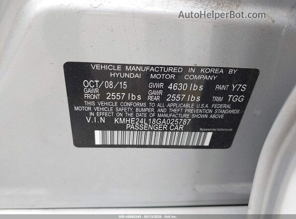 KMHE24L18GA025787 2016 HYUNDAI SONATA HYBRID Silver Widok komory silnika