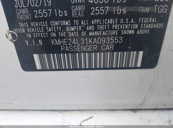 KMHE24L31KA093553 2019 HYUNDAI SONATA HYBRID White 