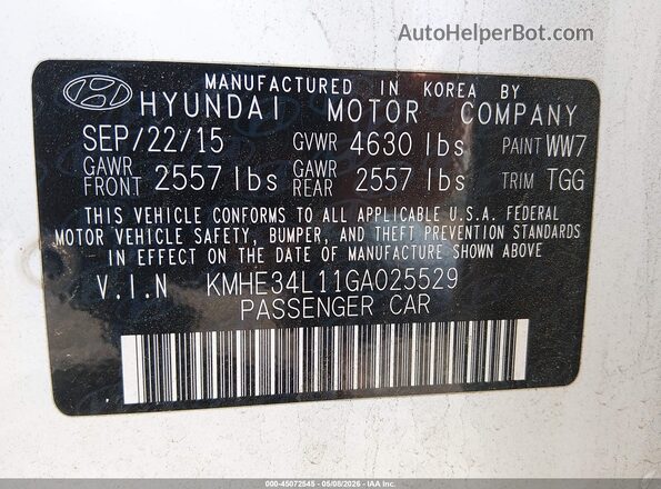 KMHE34L11GA025529 2016 HYUNDAI SONATA HYBRID White Շարժիչի բաժամունքի տեսք