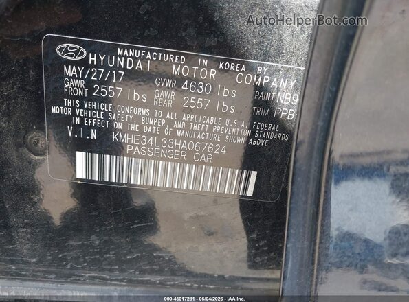 KMHE34L33HA067624 2017 HYUNDAI SONATA HYBRID Black Vista del compartimento del motor