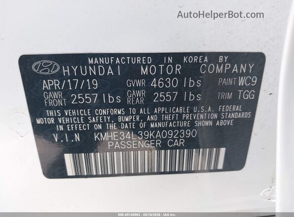 KMHE34L39KA092390 2019 HYUNDAI SONATA HYBRID White 