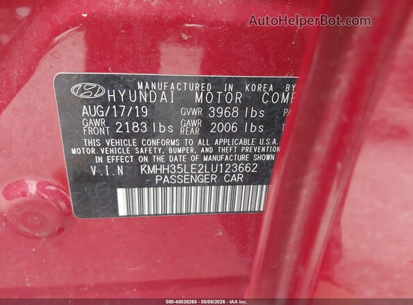 KMHH35LE2LU123662 2020 HYUNDAI ELANTRA GT Red ძრავის განყოფილების ხედი