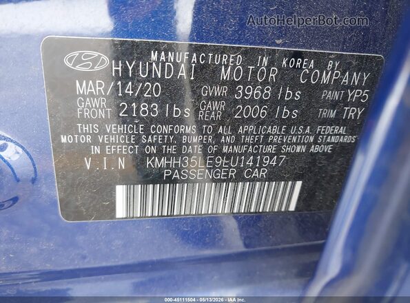 KMHH35LE9LU141947 2020 HYUNDAI ELANTRA GT Blue ძრავის განყოფილების ხედი