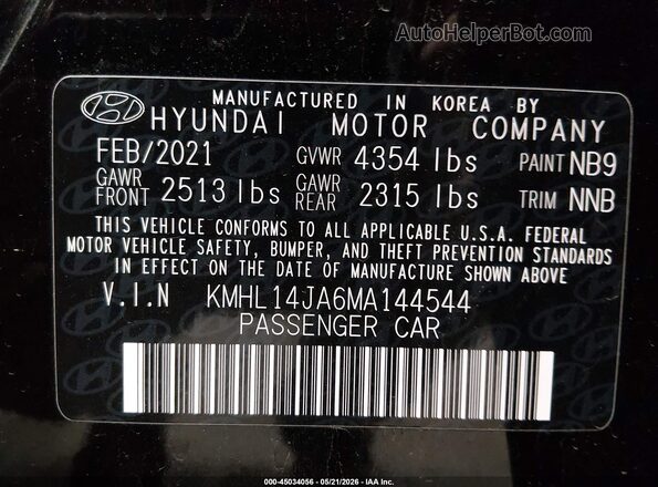KMHL14JA6MA144544 2021 HYUNDAI SONATA Black Widok komory silnika