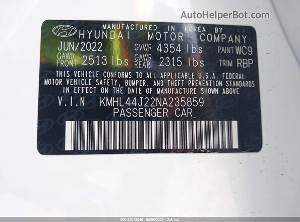 KMHL44J22NA235859 2022 HYUNDAI SONATA White Vista del compartimento del motor
