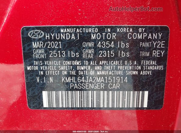 KMHL64JA2MA151914 2021 HYUNDAI SONATA Red Vista del compartimento del motor