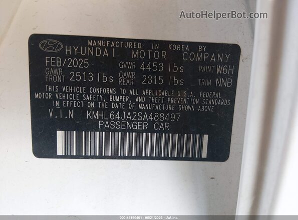 KMHL64JA2SA488497 2025 HYUNDAI SONATA White 