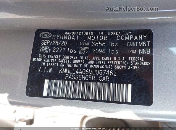 KMHLL4AG6MU067462 2021 HYUNDAI ELANTRA Silver ძრავის განყოფილების ხედი
